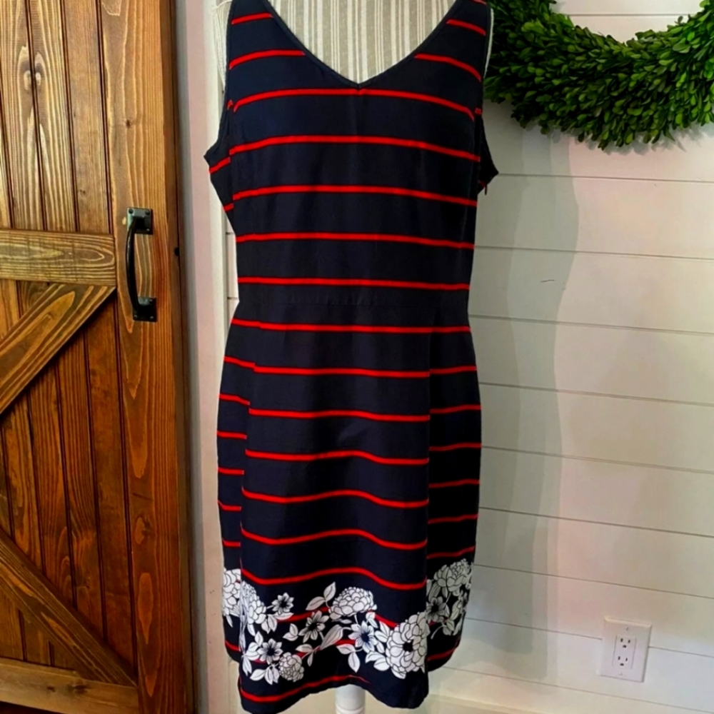 Tommy Hilfiger Navy Blue Red Stripe White Floral Hem Dress Sz 16 Fits Like A 12